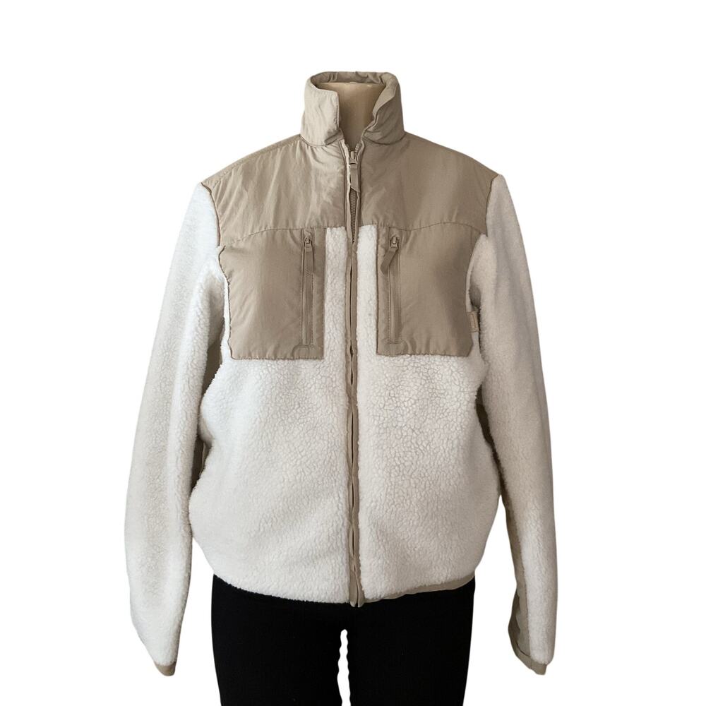 H&M Teddy Sherpa Fleece Jacket Women’s XS Beige White Zip Up Utility Cozy